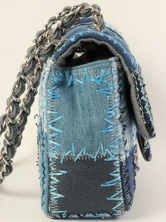 CHANEL Around 2014 Made Patchwork Classic Flap Chain Shoulder Bag Blue/Multi