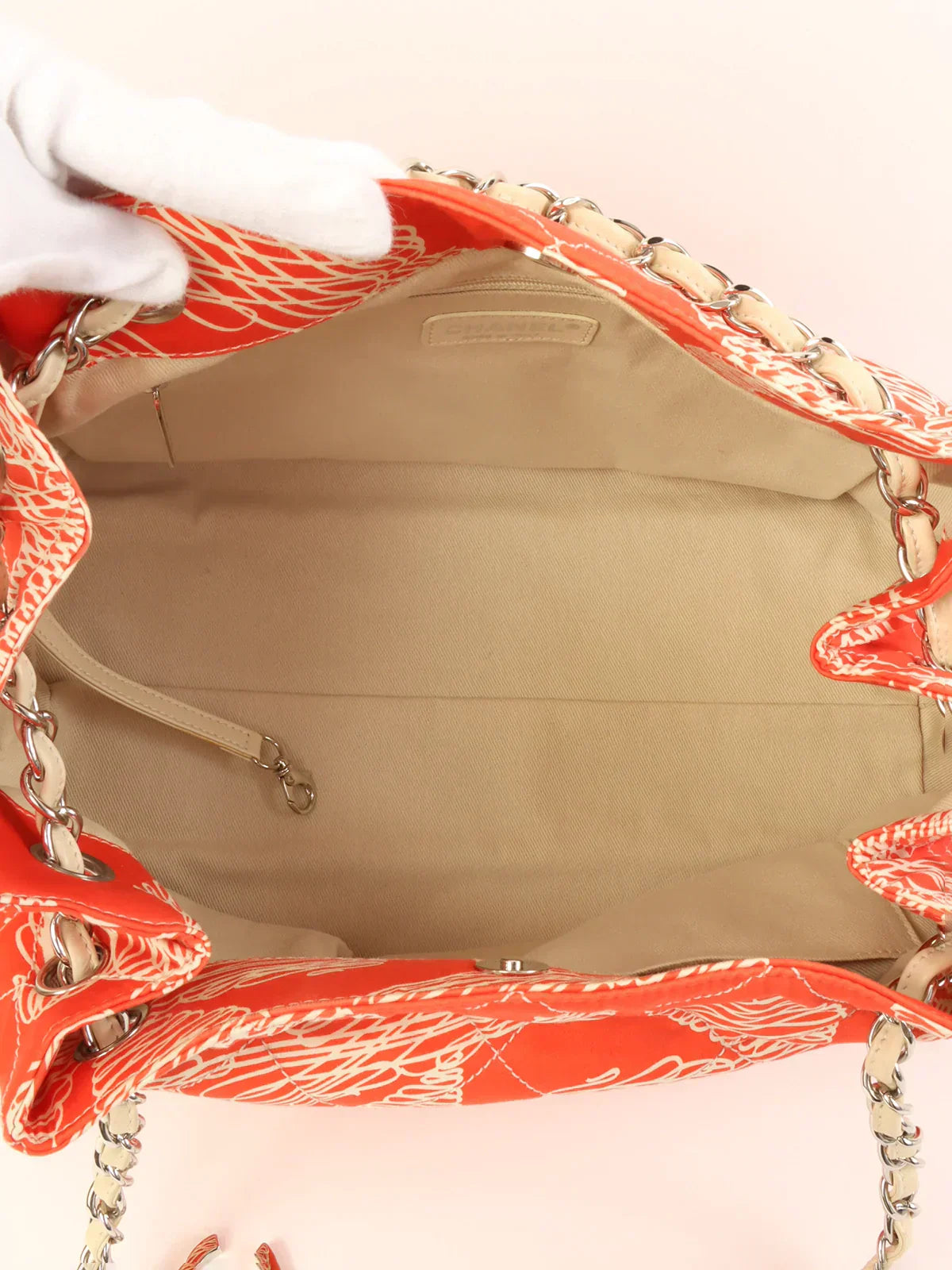 CHANEL Around 2008 Made Cotton Design Print Cc Mark Charm Chain Tote Bag Orange/Ivory