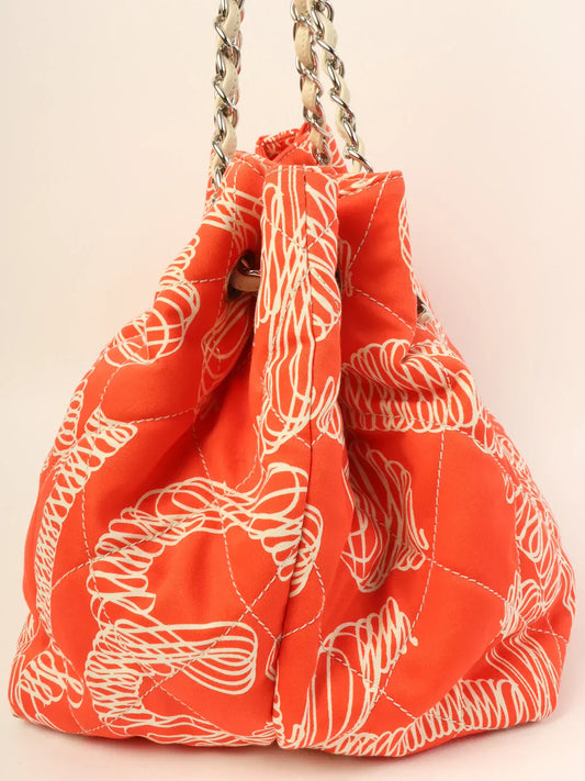 CHANEL Around 2008 Made Cotton Design Print Cc Mark Charm Chain Tote Bag Orange/Ivory