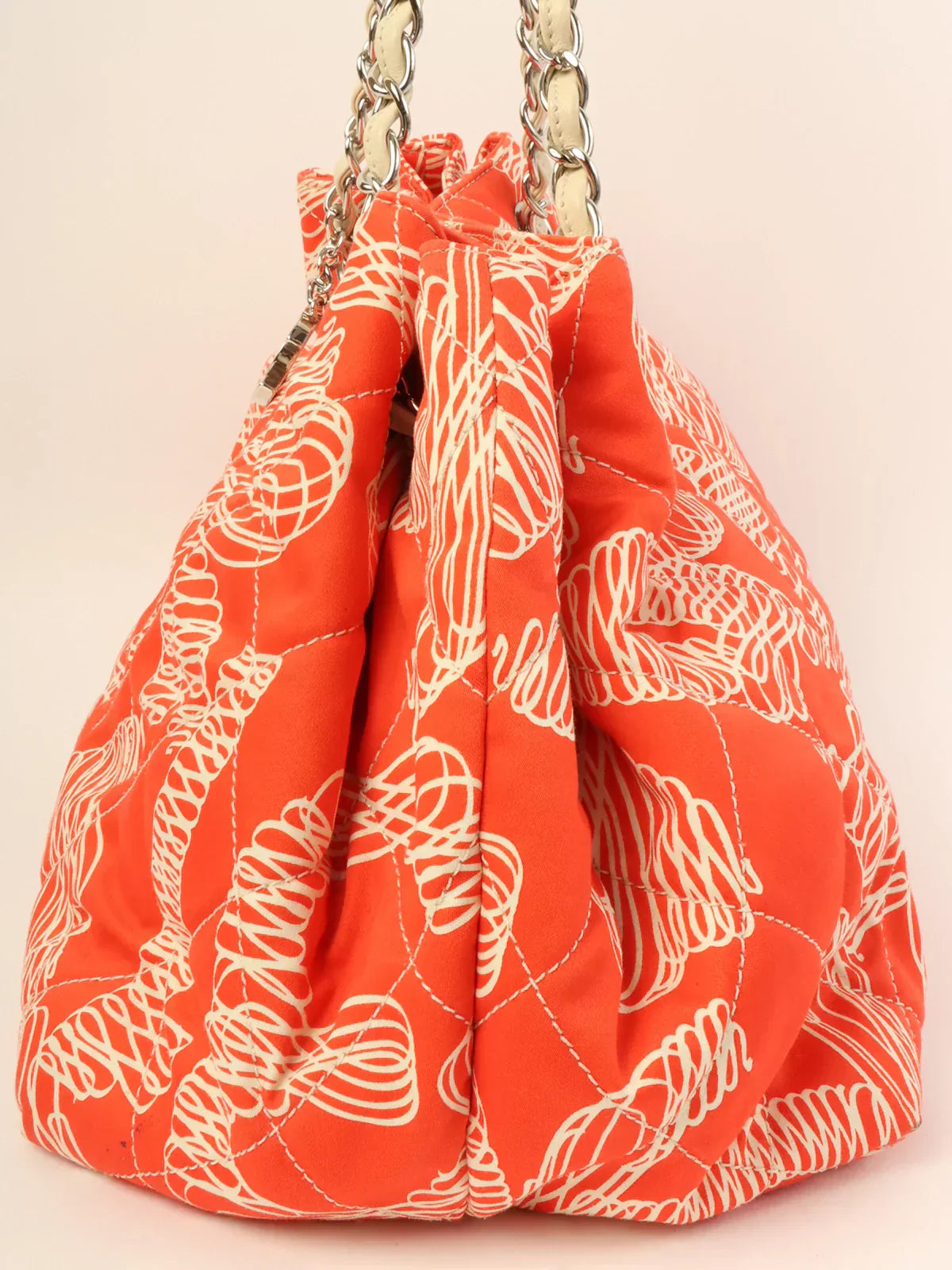 CHANEL Around 2008 Made Cotton Design Print Cc Mark Charm Chain Tote Bag Orange/Ivory