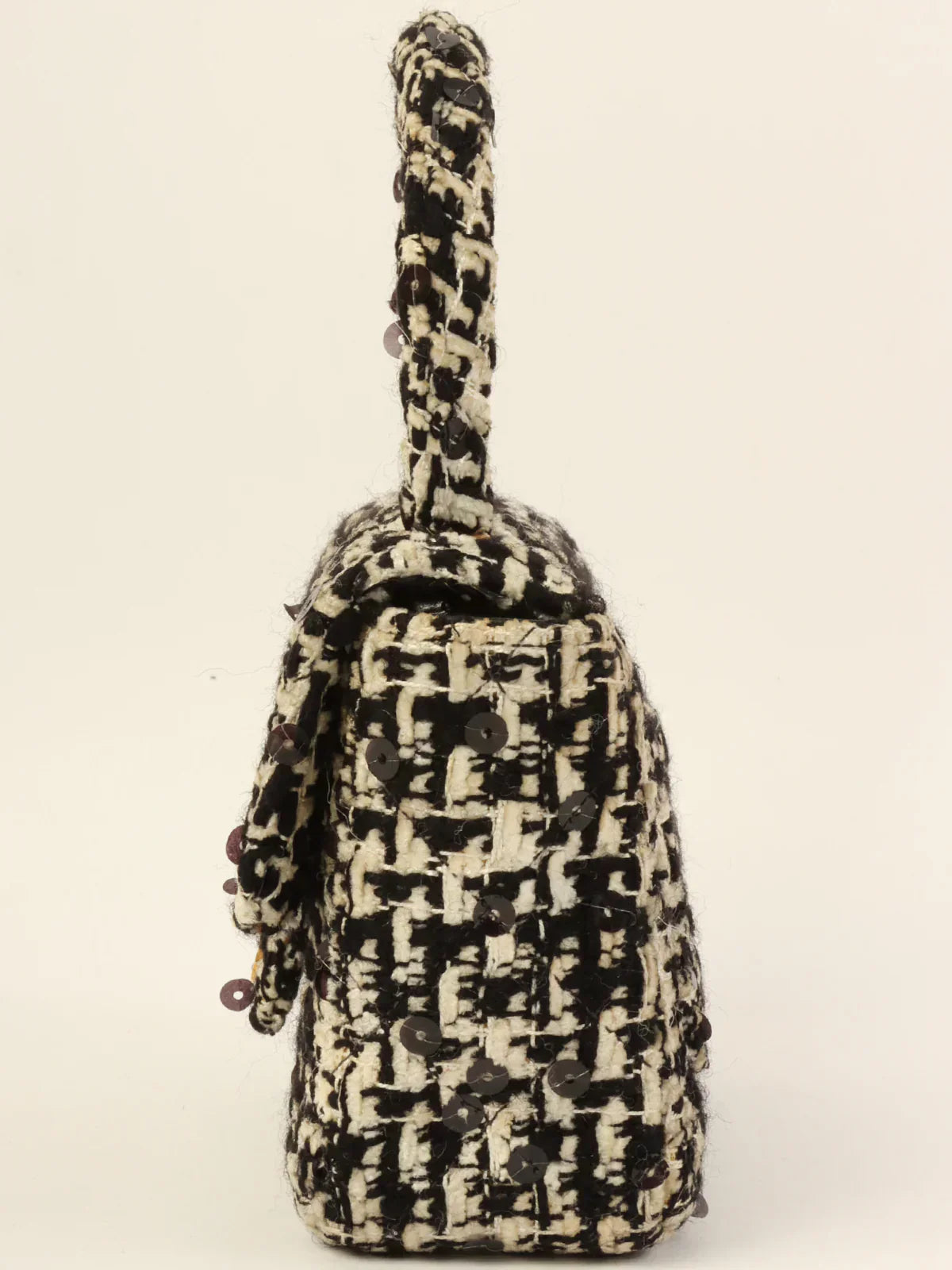 CHANEL Around 1992 Made Tweed Sequin Classic Flap Top Handle Bag Mini Black/White