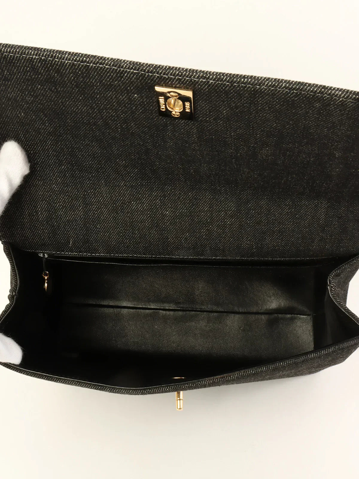CHANEL Around 1998 Made Denim Turn-Lock Top Handle Bag Black