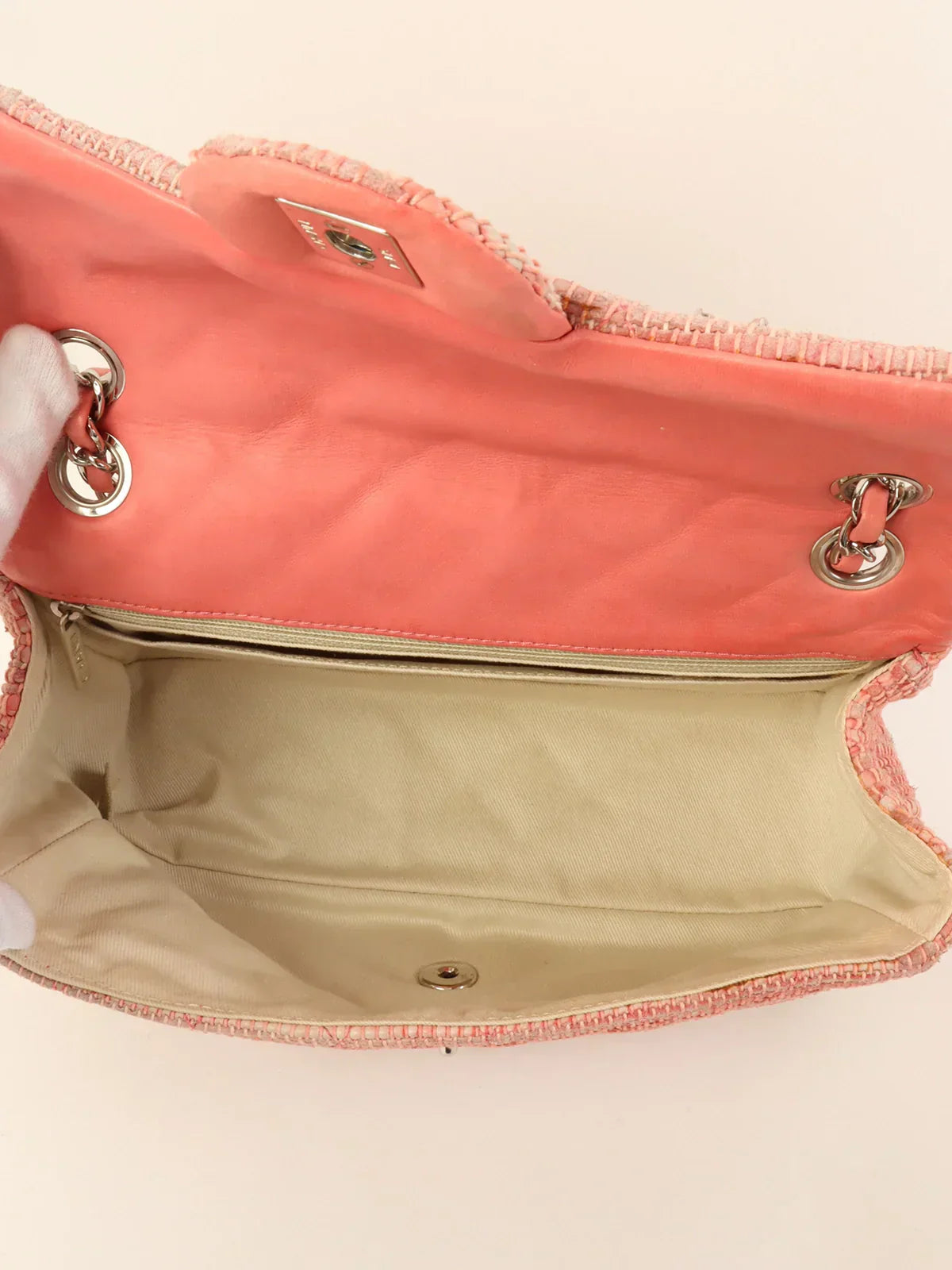 CHANEL Around 2010 Made Linen Leather Combination Turn-Lock Chain Bag Pink/Beige