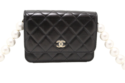 Chanel Black Quilted Calfskin Leather Wallet with Pearl Chain