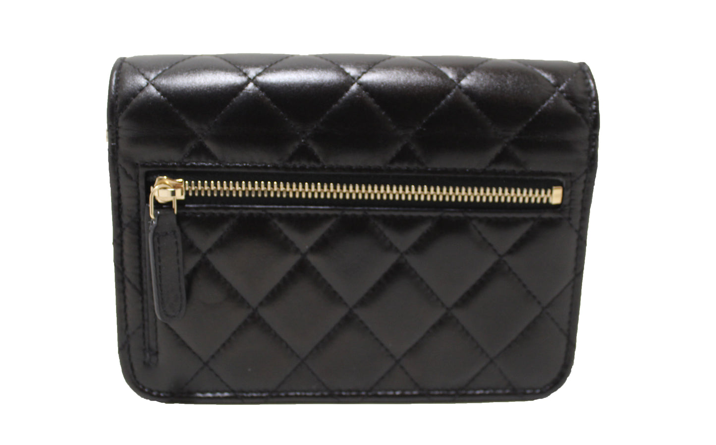 Chanel Black Quilted Calfskin Leather Wallet with Pearl Chain