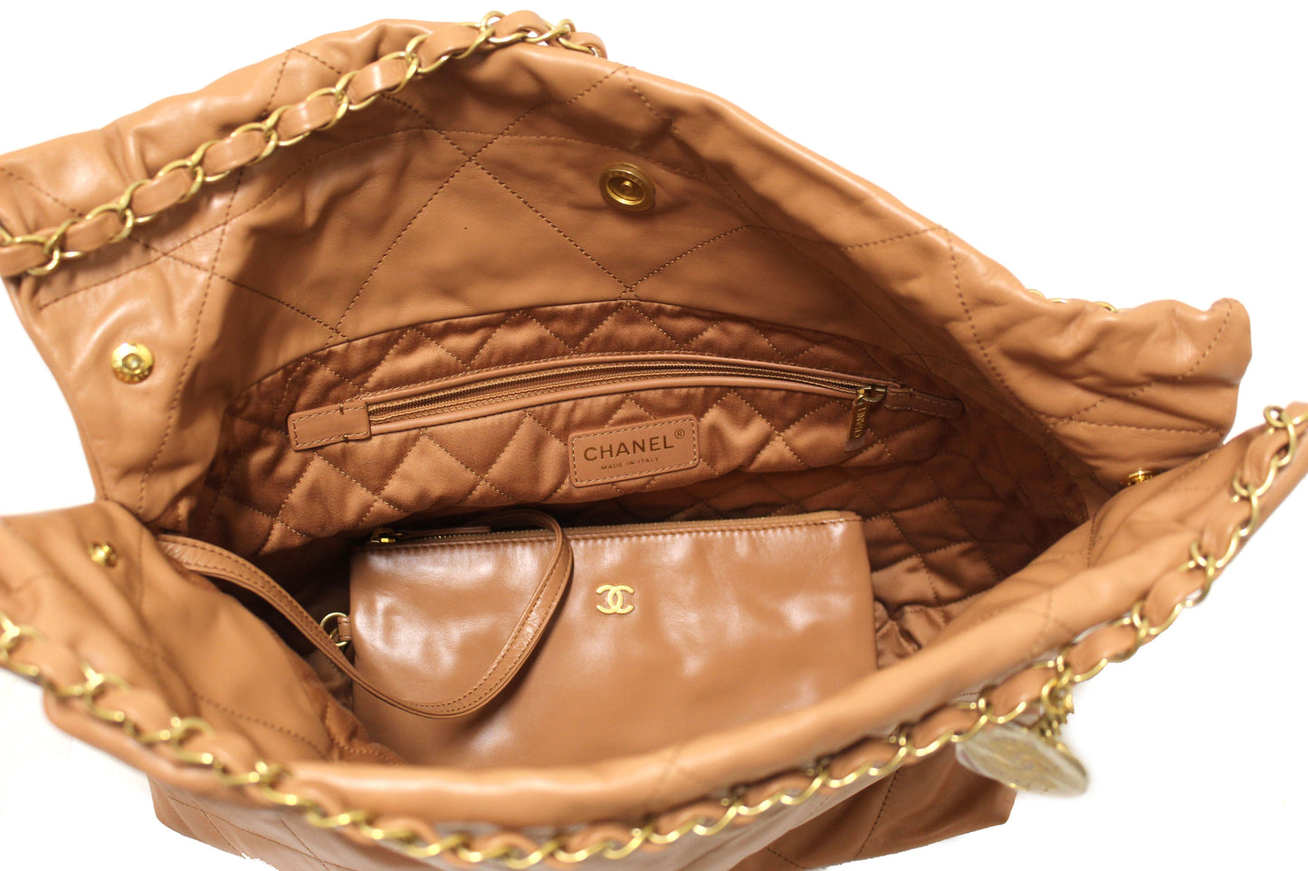 New Chanel  Camel Shiny Calfskin Leather Shoulder Tote Bag