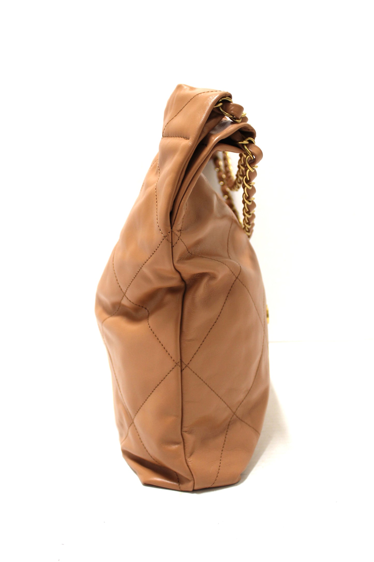 New Chanel  Camel Shiny Calfskin Leather Shoulder Tote Bag