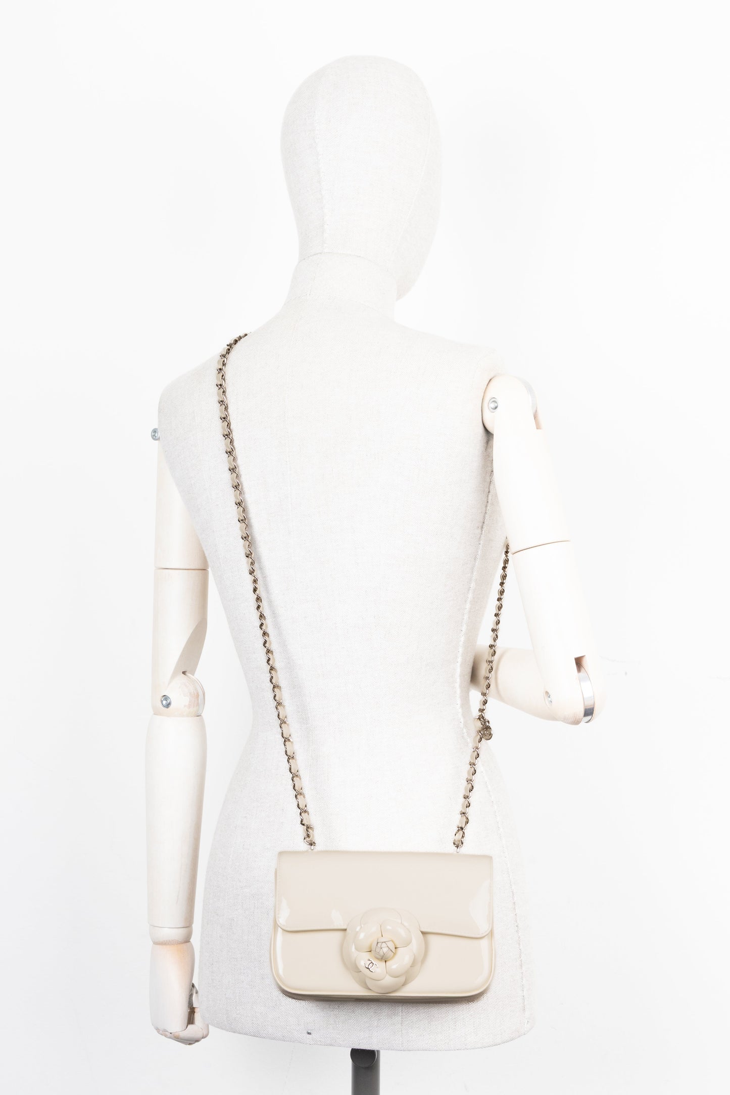 CHANEL Camellia Flap Bag Patent White