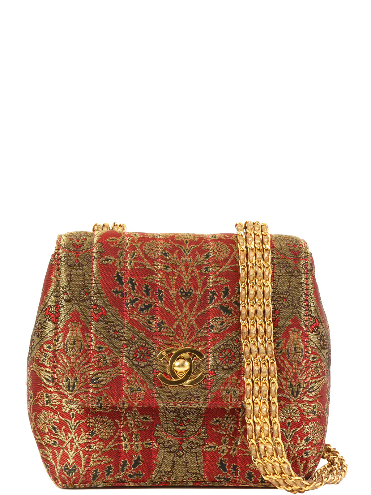 CHANEL Around 1995 Made Nishijin Textile Turn-Lock Mini Chain Bag Red/Gold