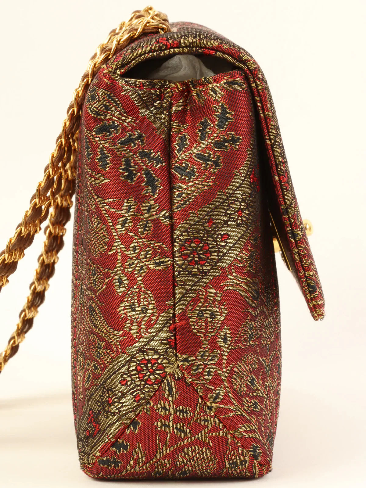 CHANEL Around 1995 Made Nishijin Textile Turn-Lock Mini Chain Bag Red/Gold