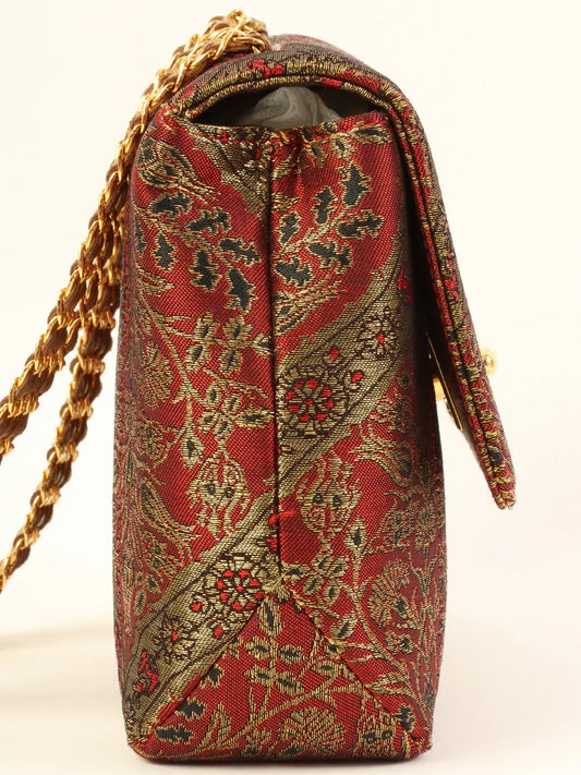 CHANEL Around 1995 Made Nishijin Textile Turn-Lock Mini Chain Bag Red/Gold