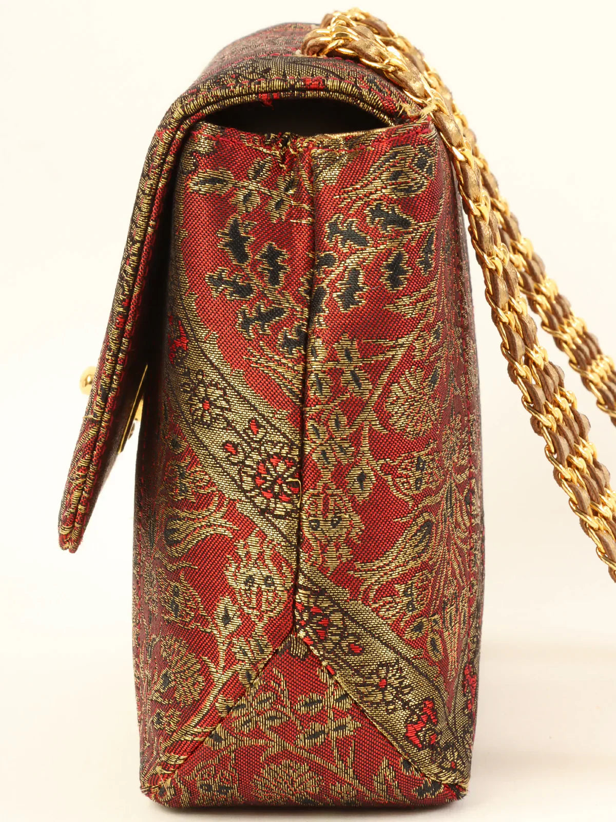 CHANEL Around 1995 Made Nishijin Textile Turn-Lock Mini Chain Bag Red/Gold