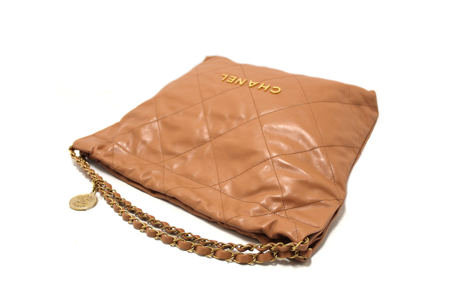 New Chanel  Camel Shiny Calfskin Leather Shoulder Tote Bag
