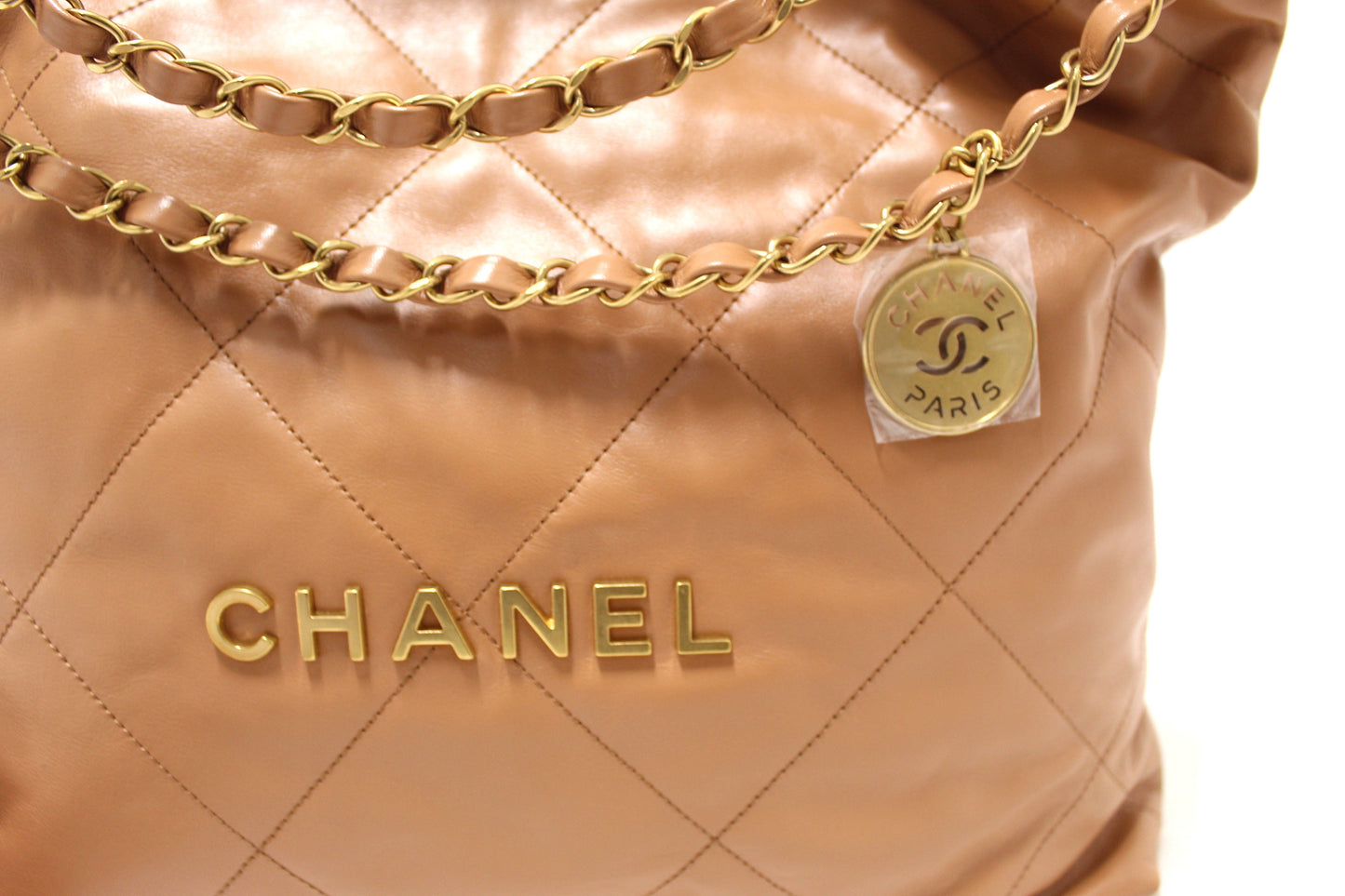 New Chanel  Camel Shiny Calfskin Leather Shoulder Tote Bag