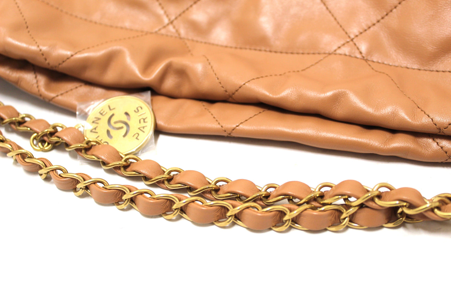 New Chanel  Camel Shiny Calfskin Leather Shoulder Tote Bag