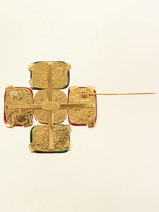 CHANEL 1994 Made Cross Motif Gripoix Pearl Cc Mark Brooch Green/Red/White