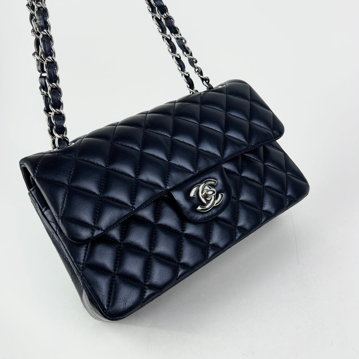 Chanel Small Double Classic Flap Metallic Navy