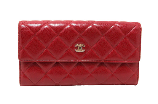 Chanel Red Caviar Leather Quilted Long Flap Wallet