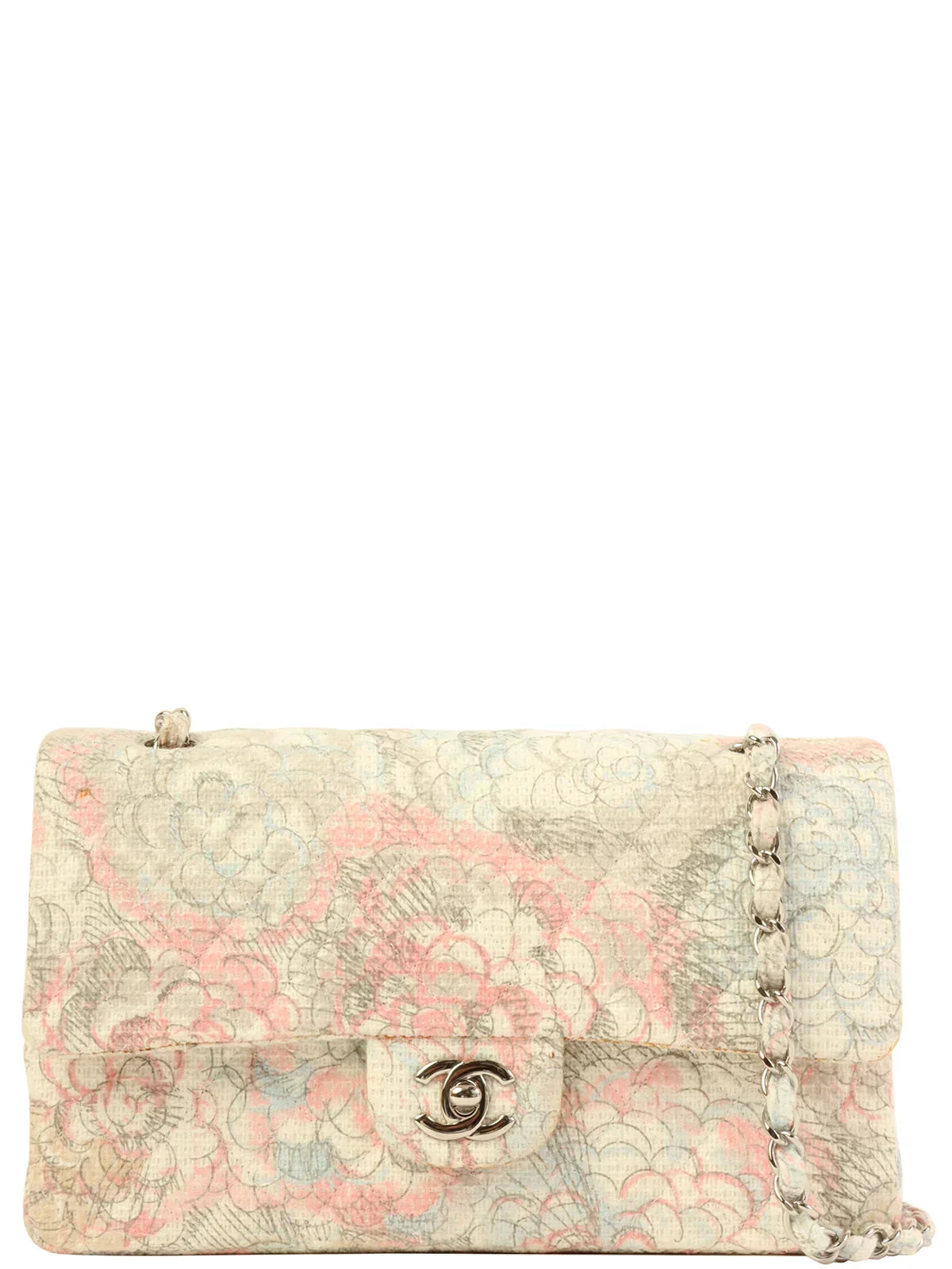CHANEL Around 2009 Made Tweed Camellia Print Classic Flap Chain Bag 25Cm White/Multi
