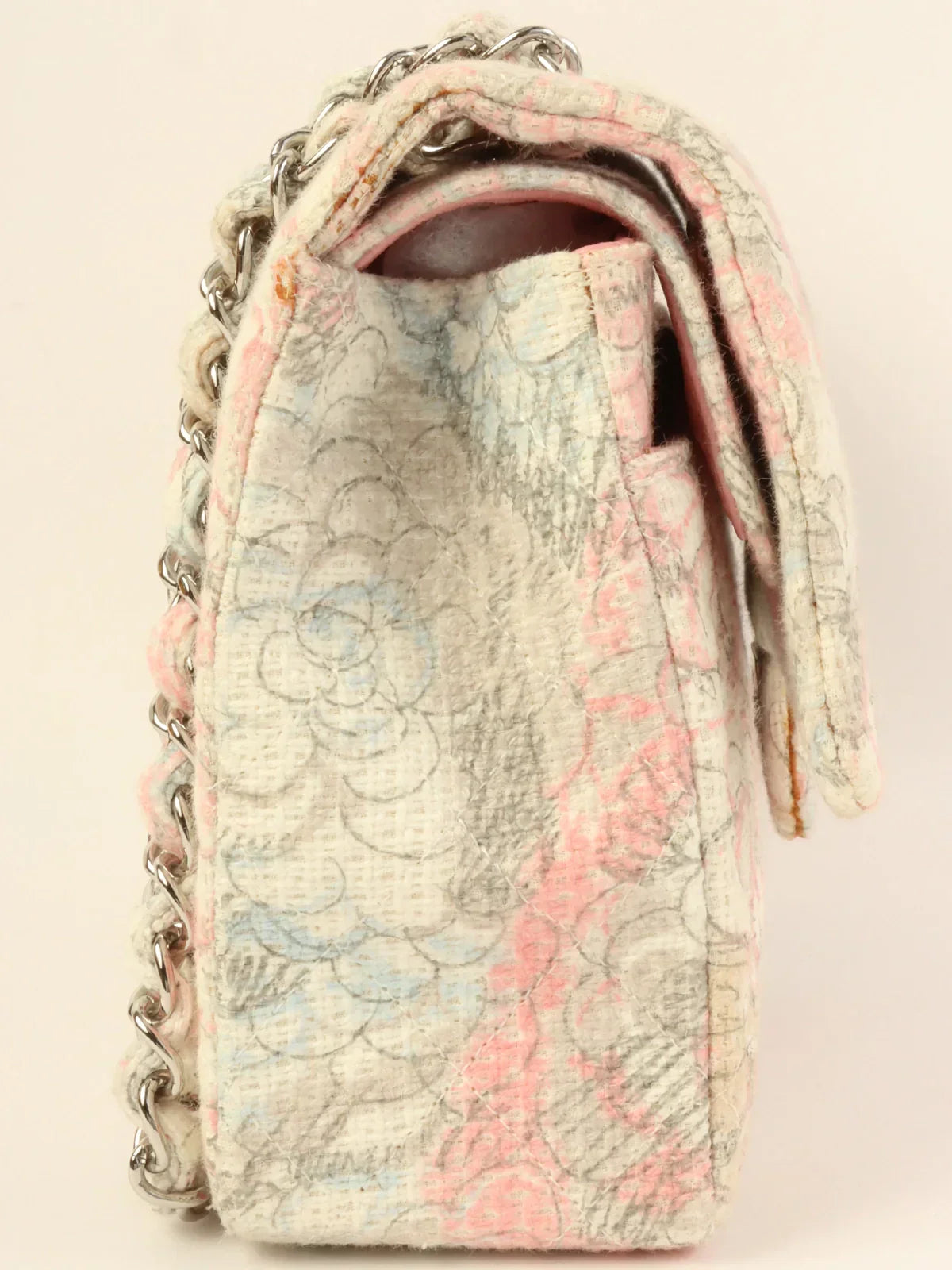 CHANEL Around 2009 Made Tweed Camellia Print Classic Flap Chain Bag 25Cm White/Multi