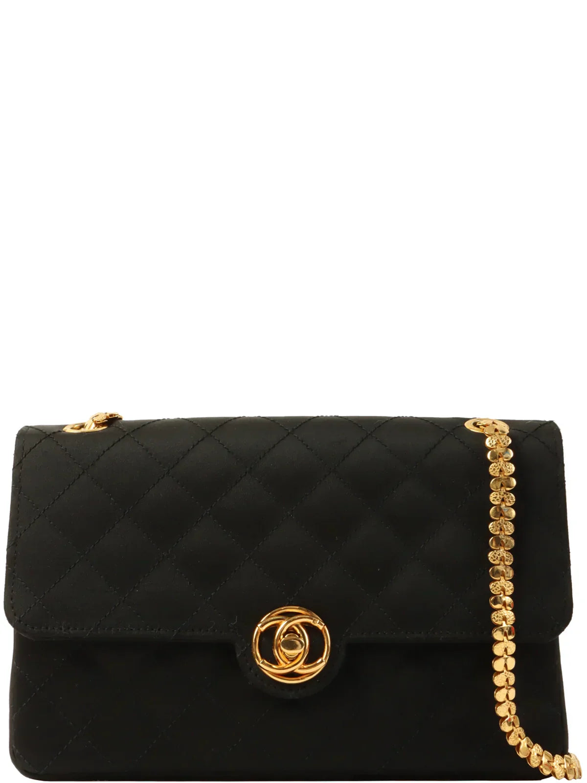 CHANEL Around 1985〜1990 Made Silk Satin Circle Turn-Lock Chain Bag Black