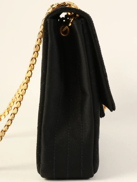 CHANEL Around 1985〜1990 Made Silk Satin Circle Turn-Lock Chain Bag Black