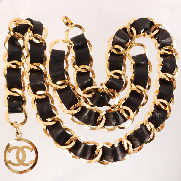 Chanel 1991 Made Round Cc Mark Cutout Charm Chain Belt Black