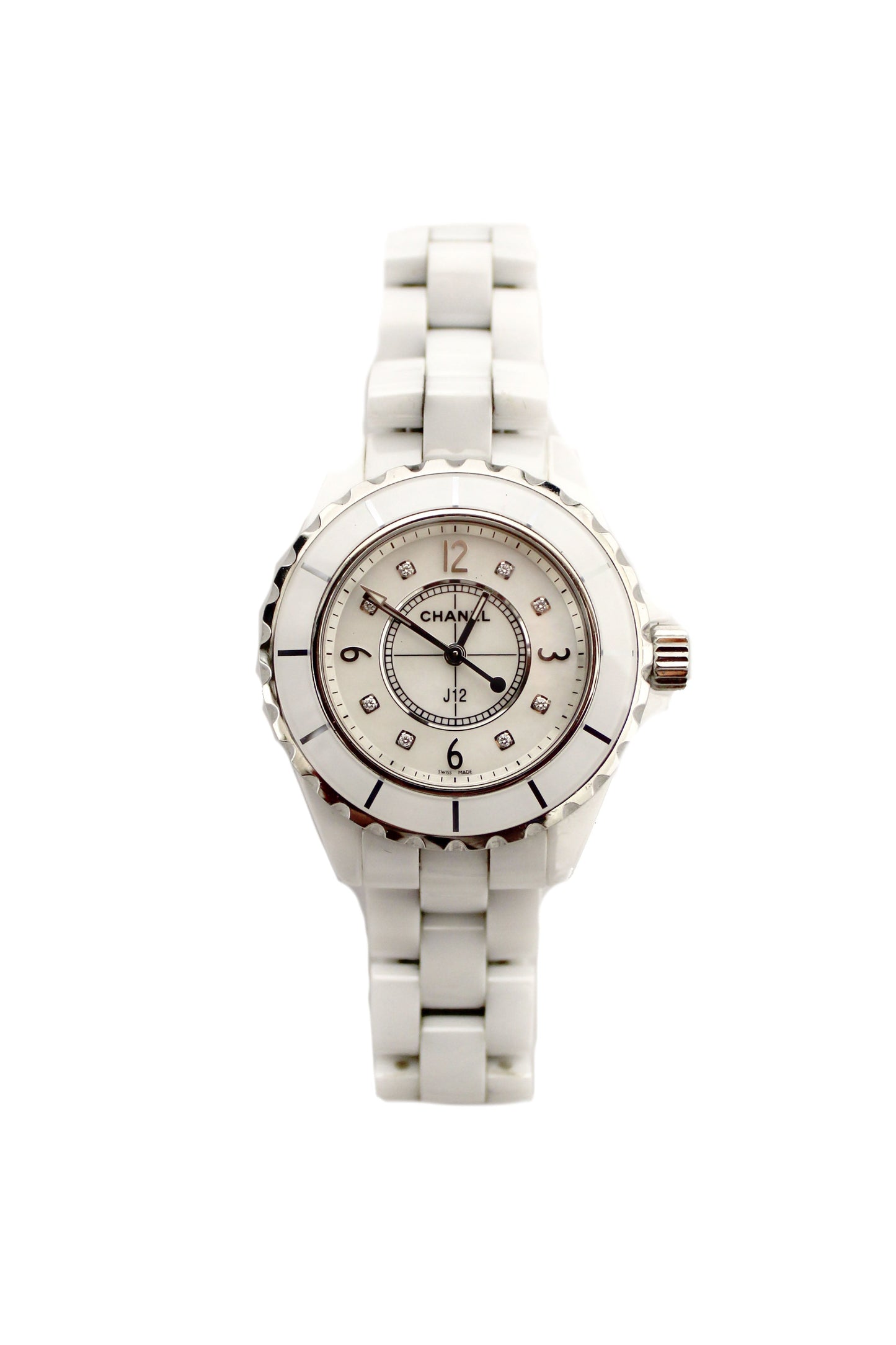 Chanel White Ceramic J Diamond Quatz Watch mm H