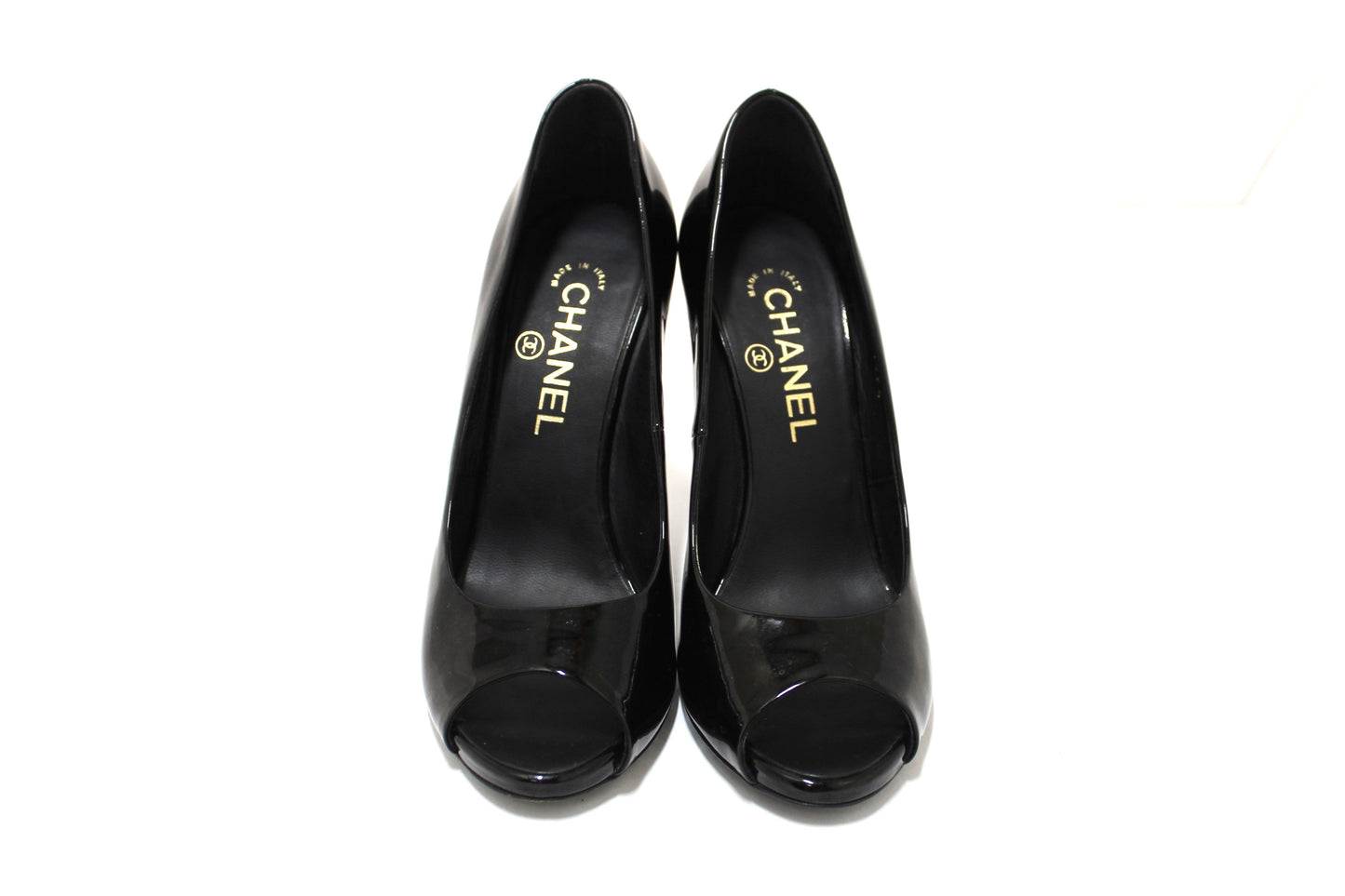 Chanel Black Patent Leather CC Pearl Embellished Heel Peep Toe Pumps Size