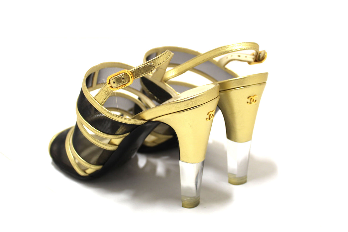 Chanel Gold Leather and Black Mesh Lucite Heel Sandals Size
