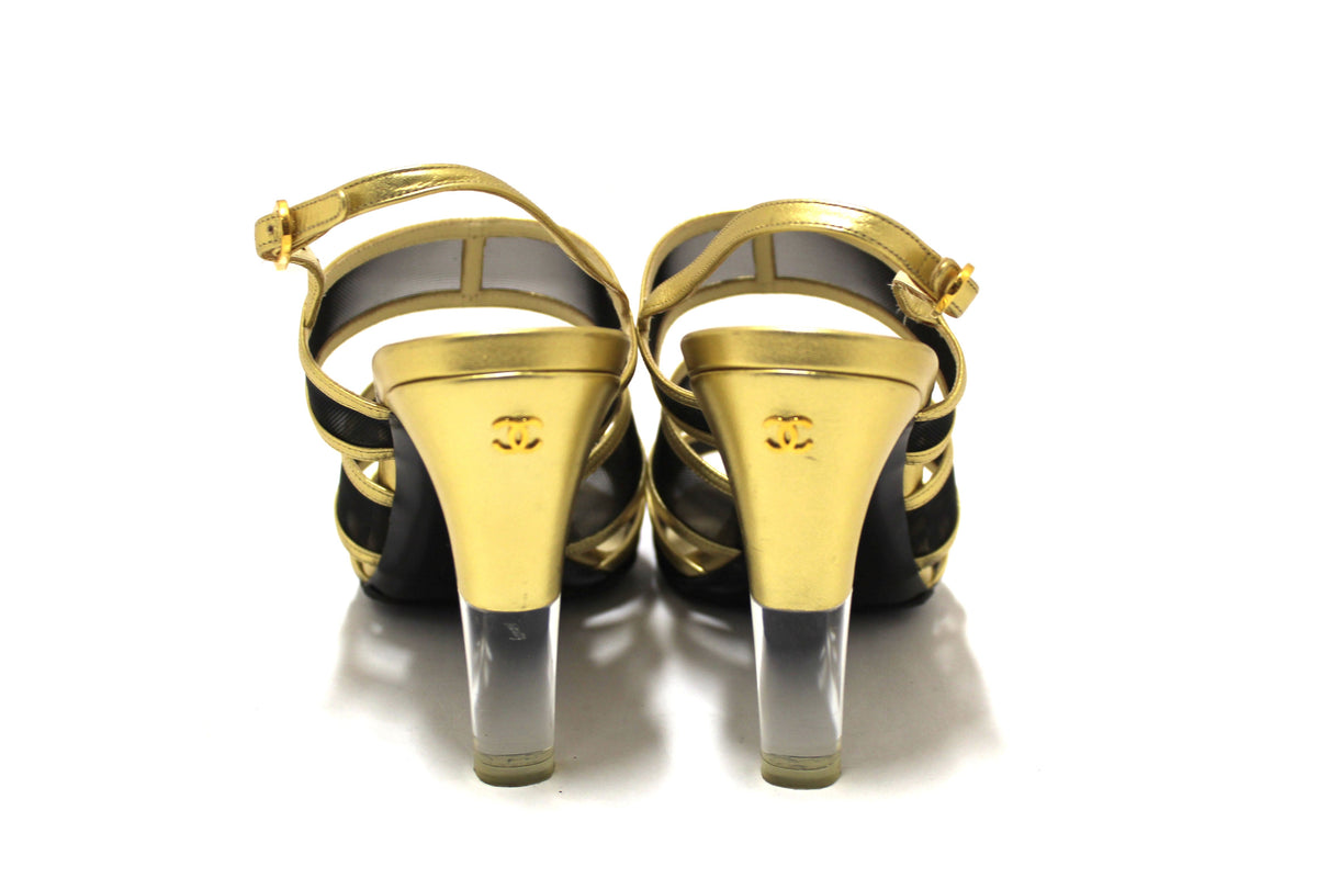 Chanel Gold Leather and Black Mesh Lucite Heel Sandals Size
