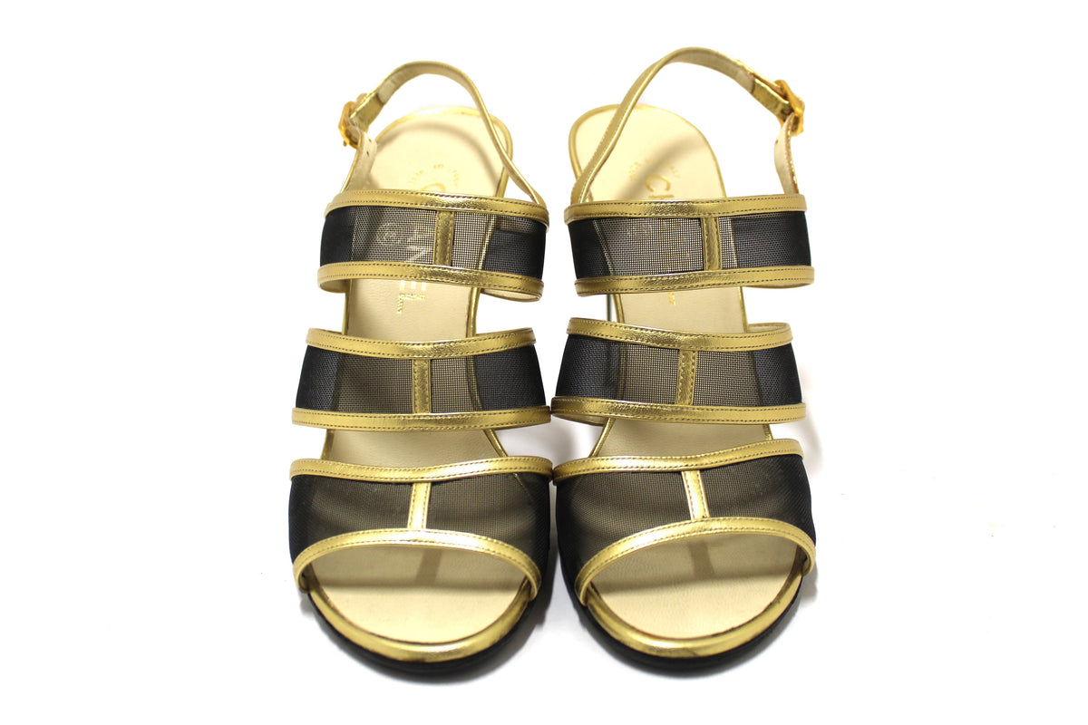 Chanel Gold Leather and Black Mesh Lucite Heel Sandals Size