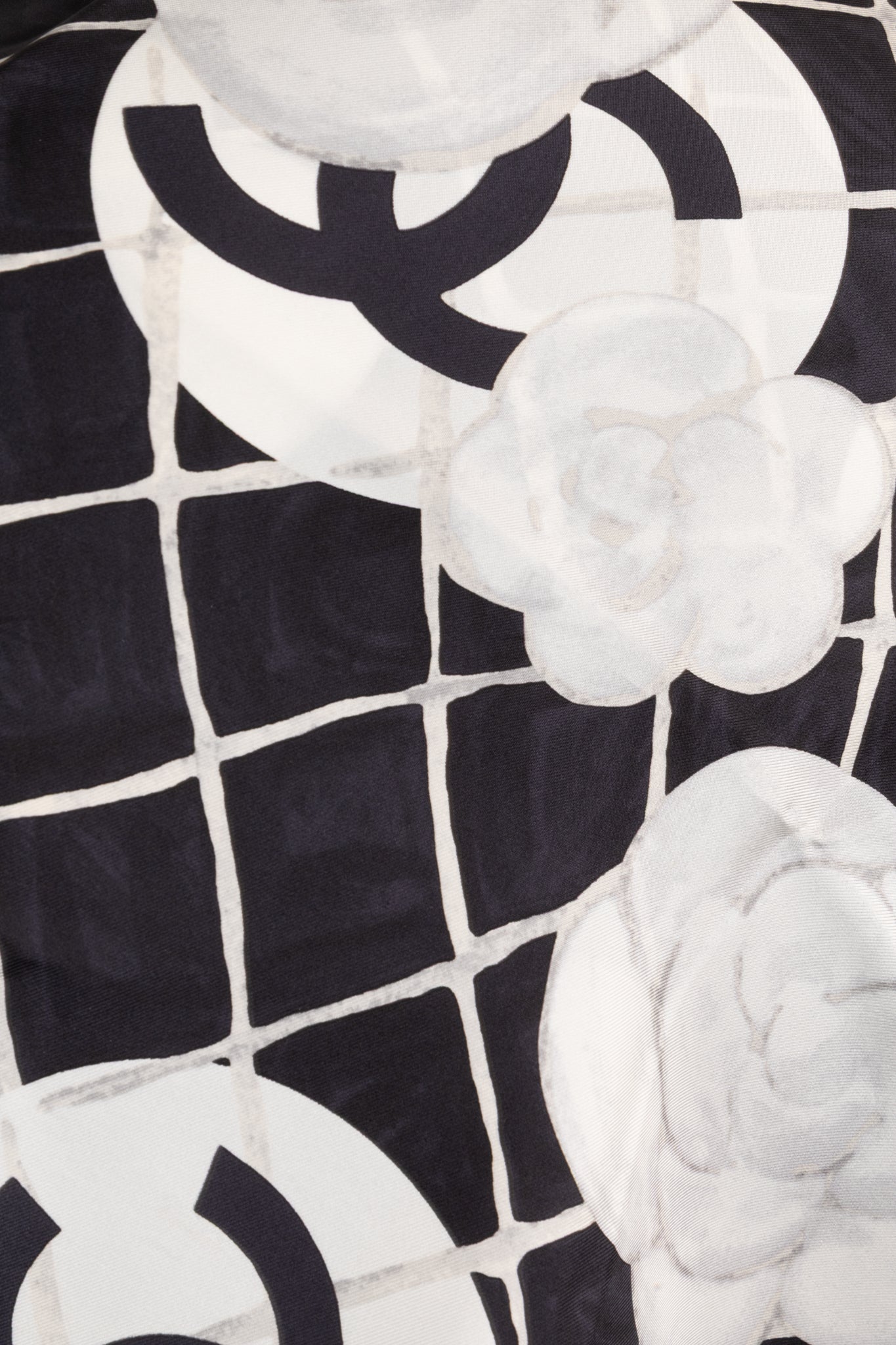 CHANEL Camellia Scarf Silk Black White