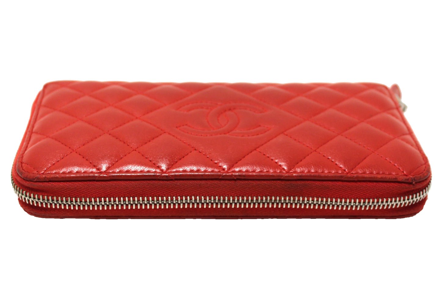 Chanel Red Quilted Lambskin Leather Zippy Wallet