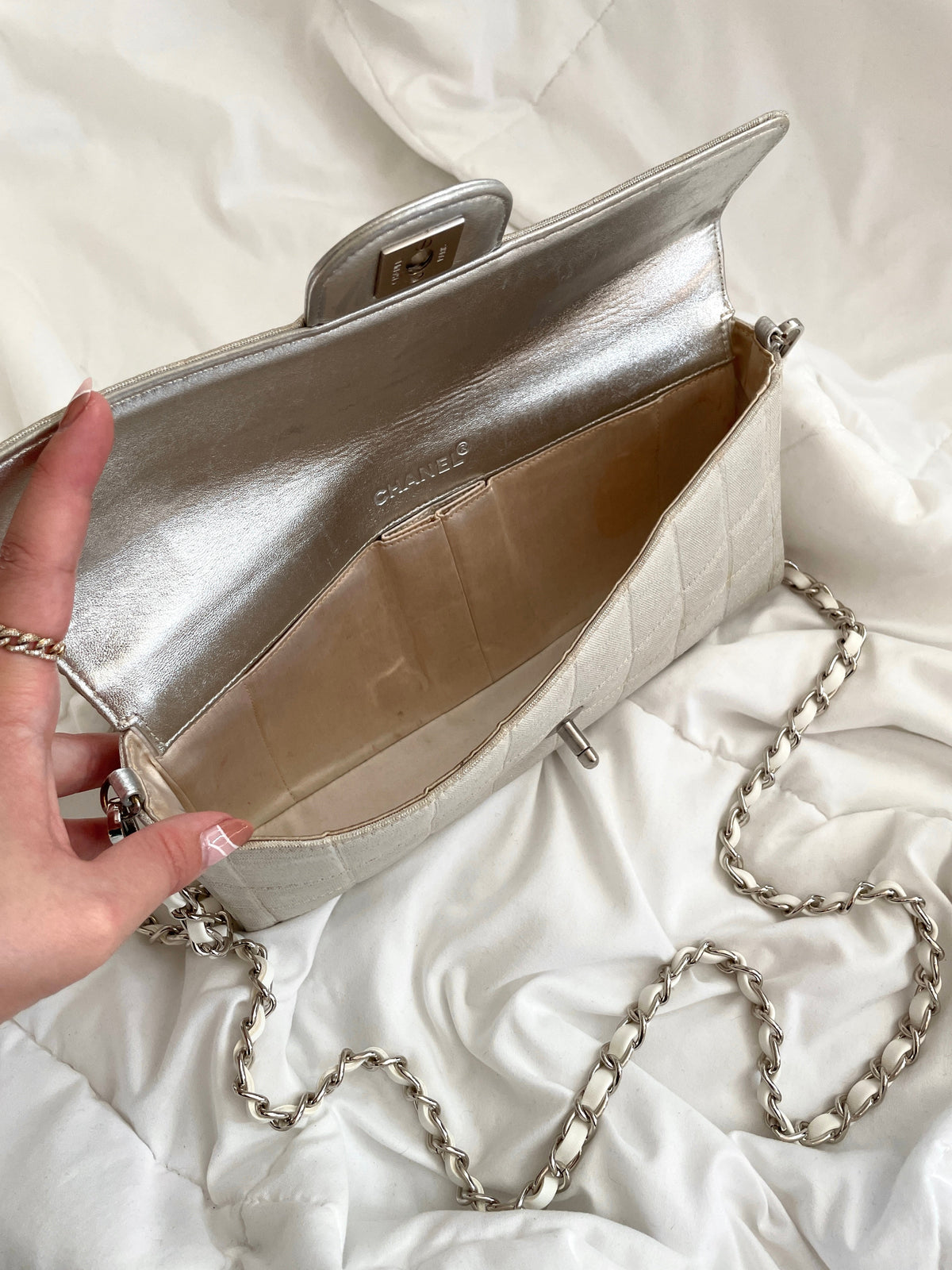 Chanel Silver Chocolate Bar Bag