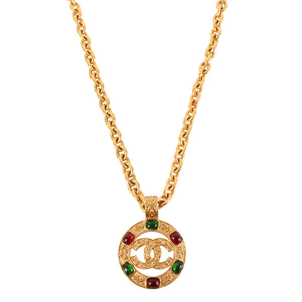 Chanel 1994 Made Gripoix Round Cutout Cc Mark Necklace Green/Red