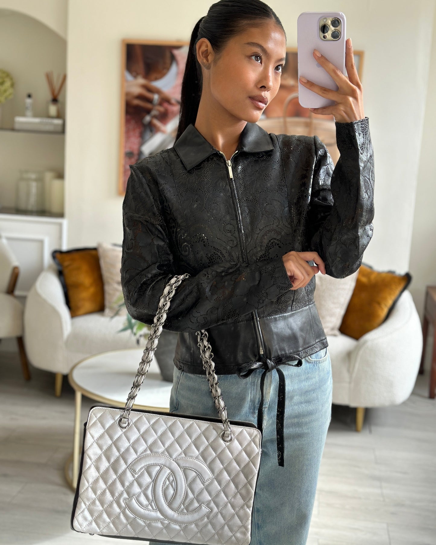 Chanel Silver and Black Reissue GST Tote Bag with Silver Hardware