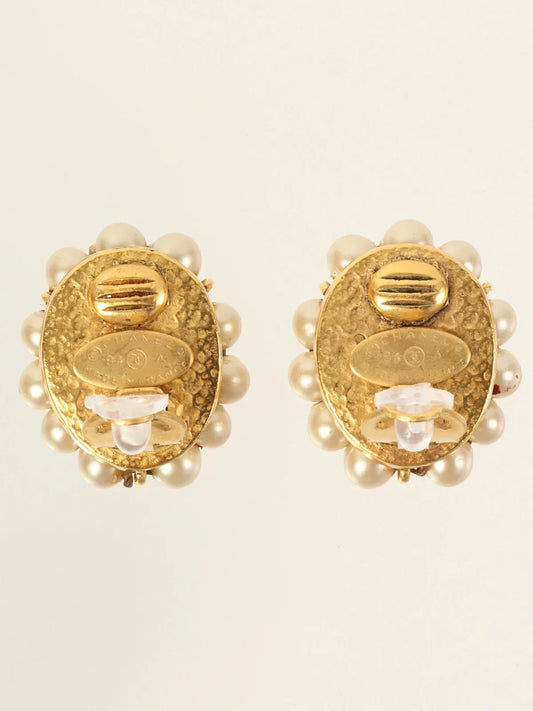 CHANEL 1994 Made Pearl Cc Mark Earrings Gold/Navy