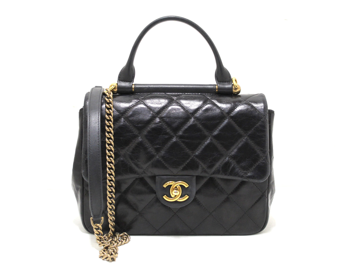 Chanel Black Aged Quilted Calfskin Leather Gold Bar Top Handle Medium Flap Bag | Italystation.com