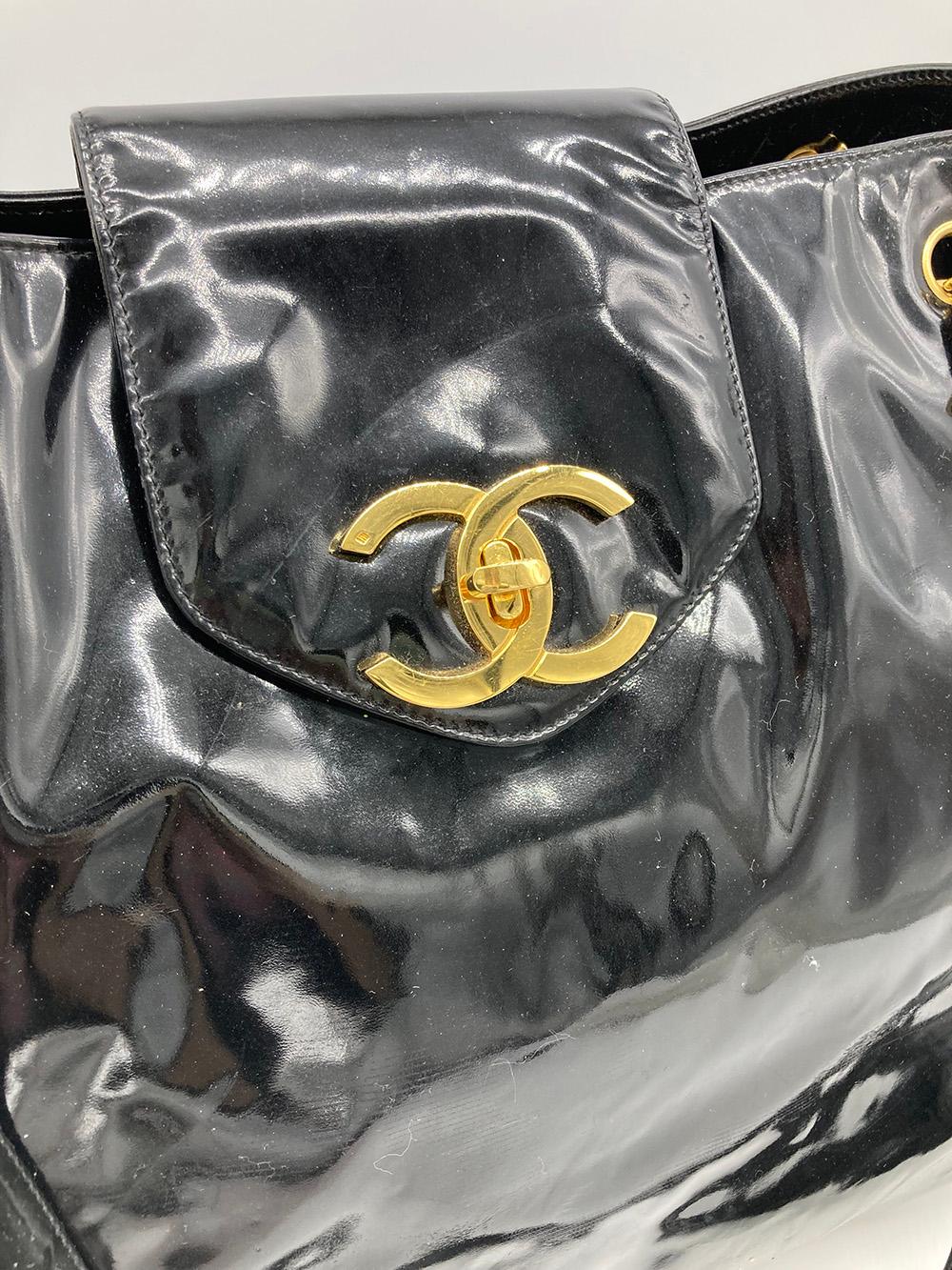 CHANEL Vintage Black Patent XL Weekender Super Model Tote