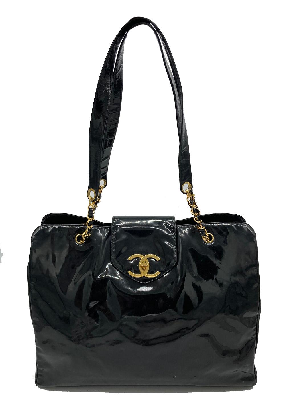 CHANEL Vintage Black Patent XL Weekender Super Model Tote