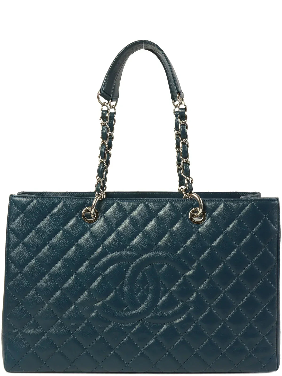 CHANEL Around 2013 Made Caviar Skin Cc Mark Stitch Chain Tote Bag Indigo Blue