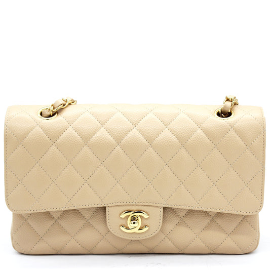 Chanel Beige Quilted Caviar Leather Classic Double Flap Bag