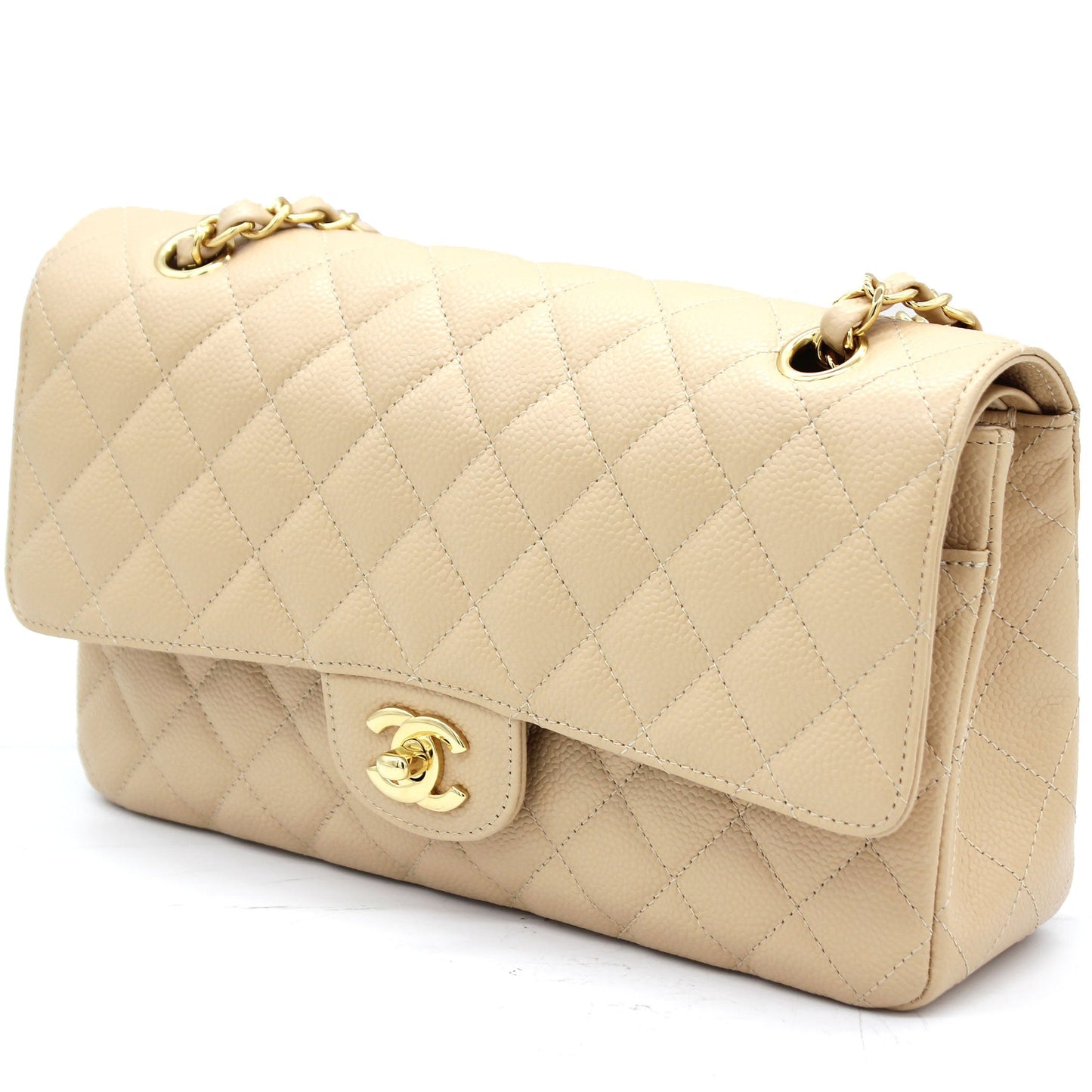 Chanel Beige Quilted Caviar Leather Classic Double Flap Bag