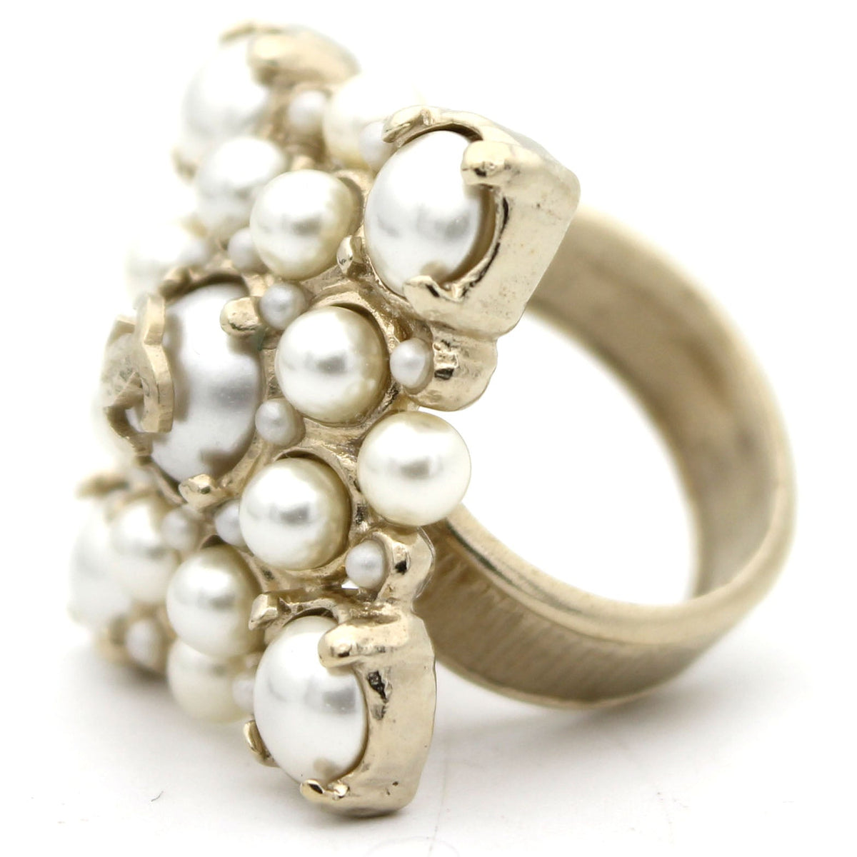 Chanel Pale Gold Tone Faux Pearl CC Ring 52