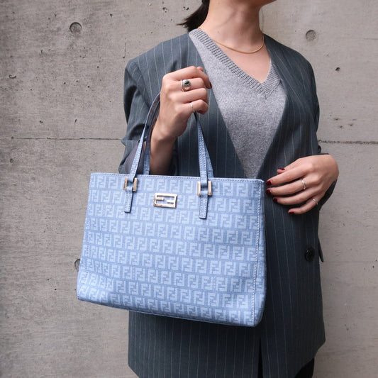 FENDI Zucchino PVC Canvas Hand Bag Blue 8BH132
