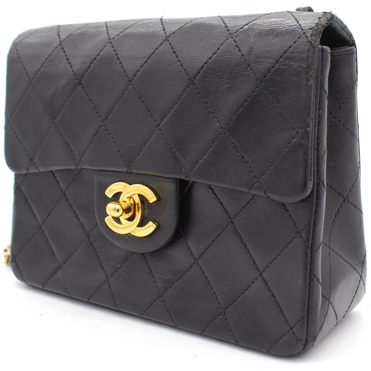 Chanel Vintage Black Quilted Leather Mini Square Classic Flap Bag