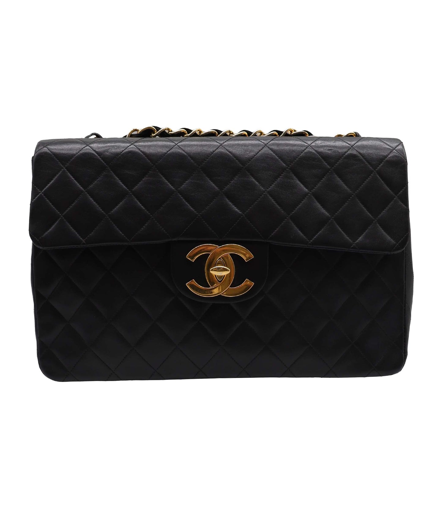 CHANEL VINTAGE MAXI MATELASSE 34 CHAIN SHOULDER BAG BLACK LAMB SKIN  DXBS3485