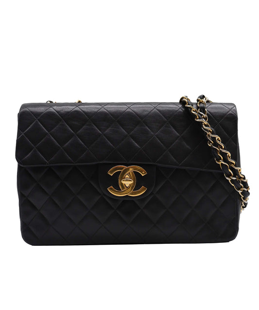 CHANEL VINTAGE MAXI MATELASSE 34 CHAIN SHOULDER BAG BLACK LAMB SKIN  DXBS3485