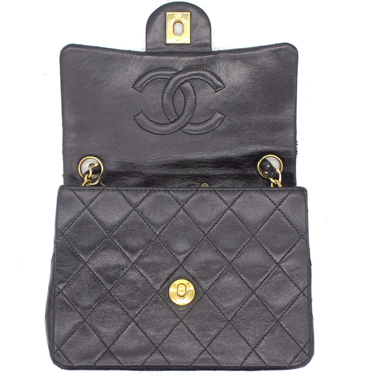 Chanel Vintage Black Quilted Leather Mini Square Classic Flap Bag